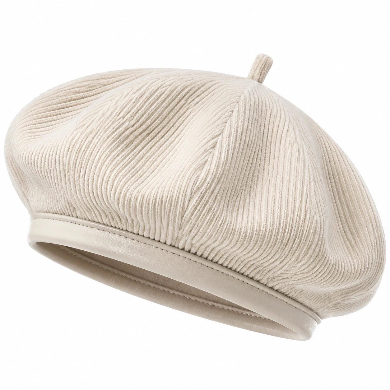 Baskenmütze Einheitsgröße aus Cordstoff in Creme mit Kunstlederkante für Damen