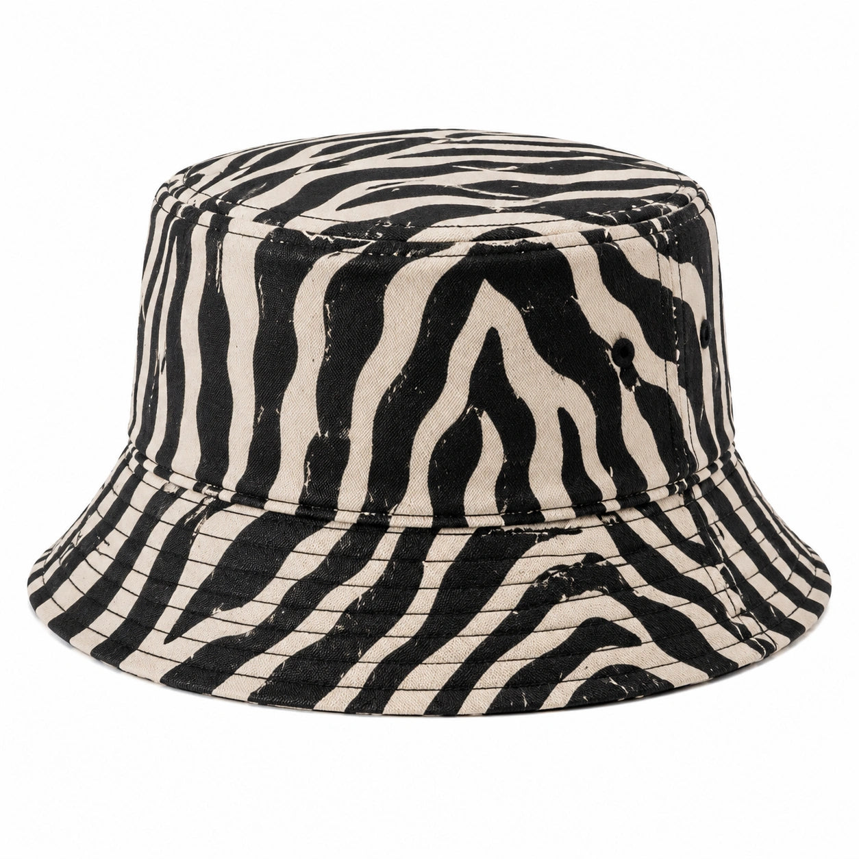 Textil-Bucket-Hut Einheitsgröße in Schwarz Beige mit Zebramuster und breiter Krempe