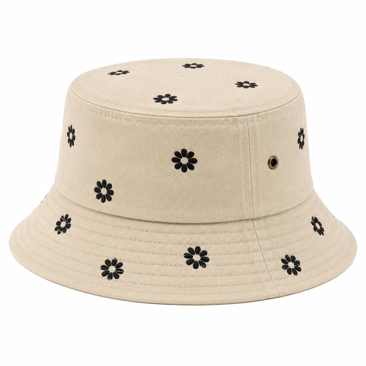 Fischerhut Einheitsgröße aus Stoff Beige mit schwarzen Blumen - atmungsaktiv