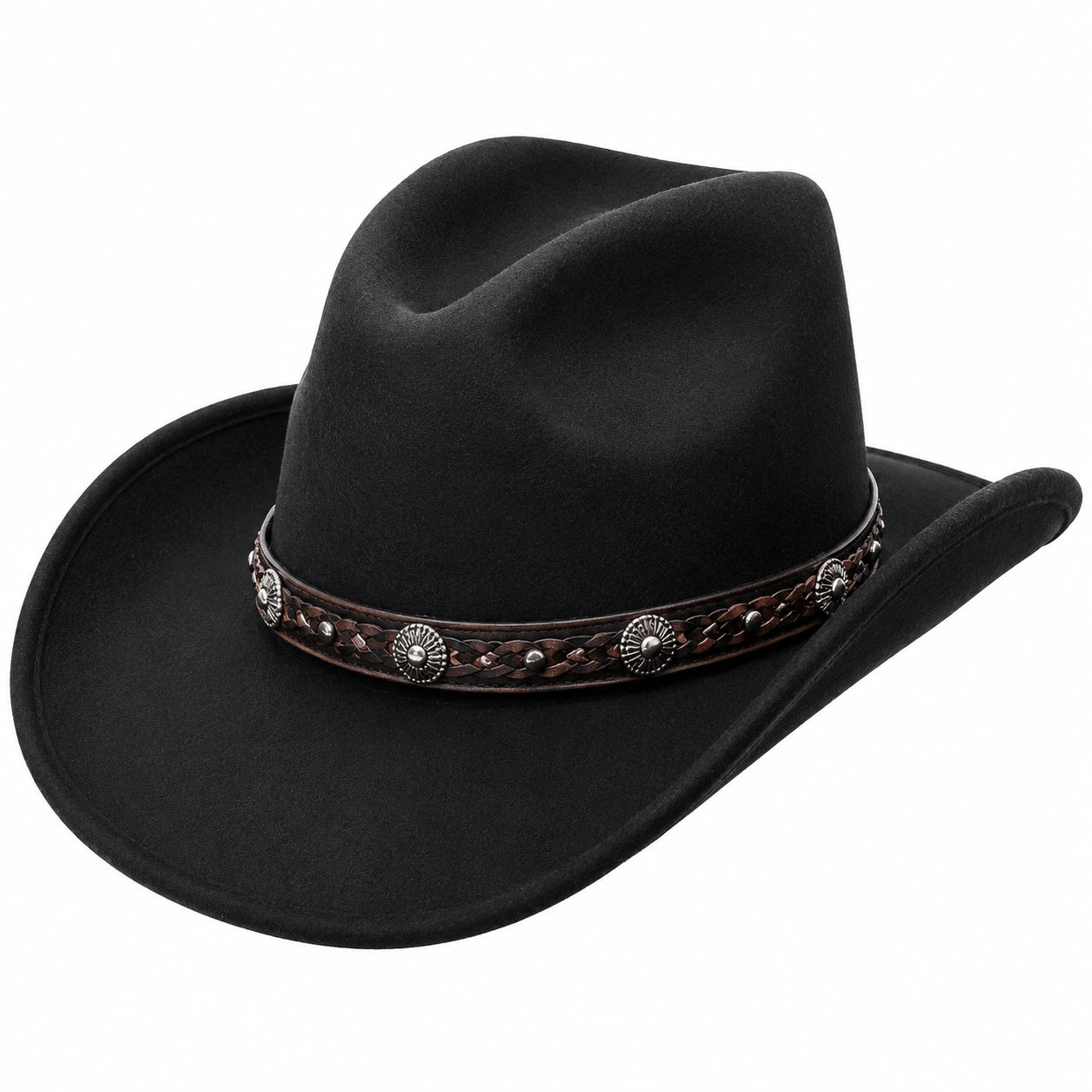 Cowboyhut Einheitsgröße Schwarz in Filzoptik mit geflochtenem Hutband für Kostüm und Freizeit