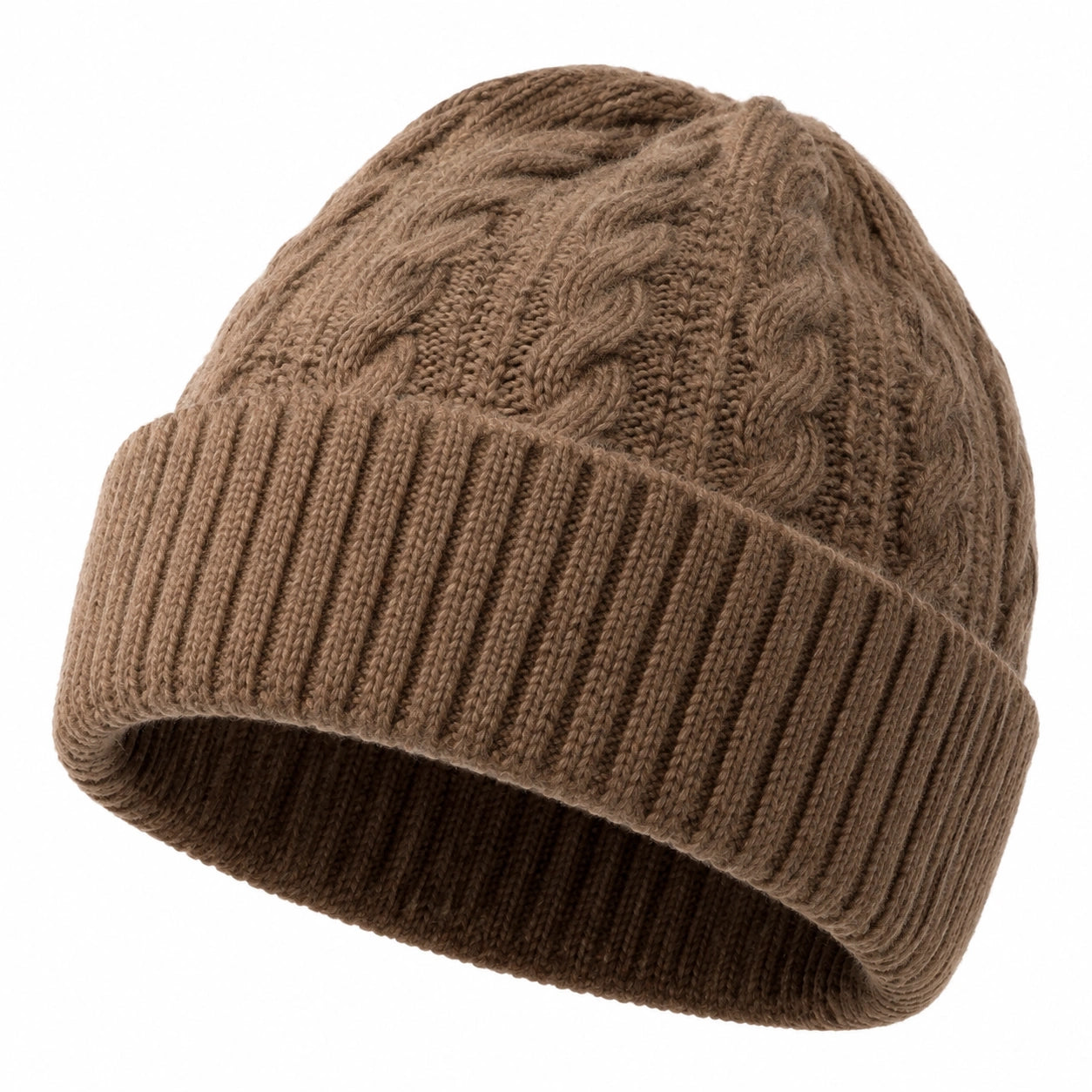 Strickmütze Einheitsgröße Braun mit Zopfmuster und Umschlag