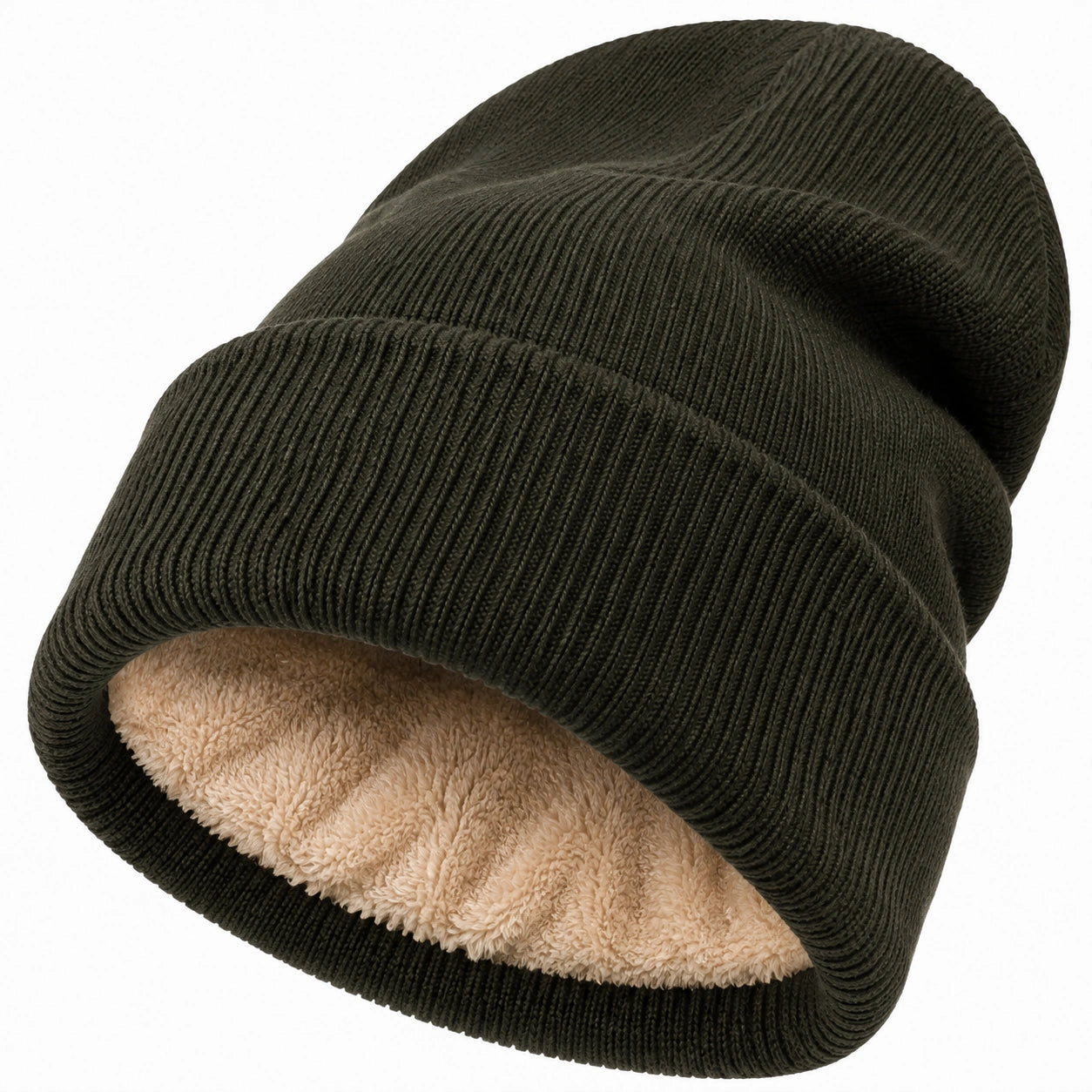 Beanie Mütze Einheitsgröße aus Cordstoff olivgrün mit Plüschfutter wärmend