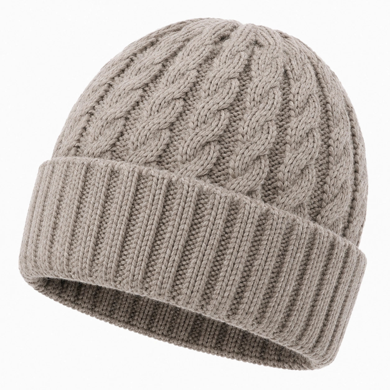 Strickmütze Einheitsgröße Beige mit Zopfmuster und Umschlag