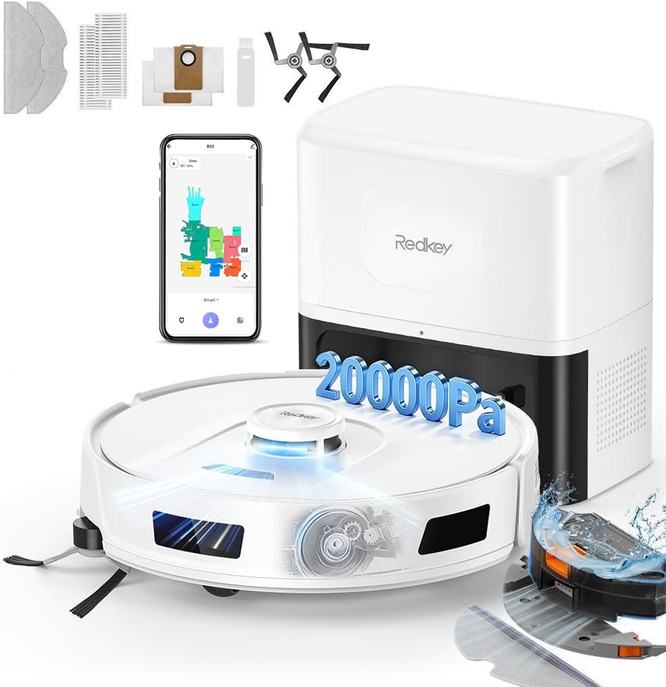 Redkey Saugroboter, 4 L, Weiß/Schwarz, R11 mit Wischfunktion, 20.000Pa Saugkraft, Staubsauger Roboter mit Absaugstation