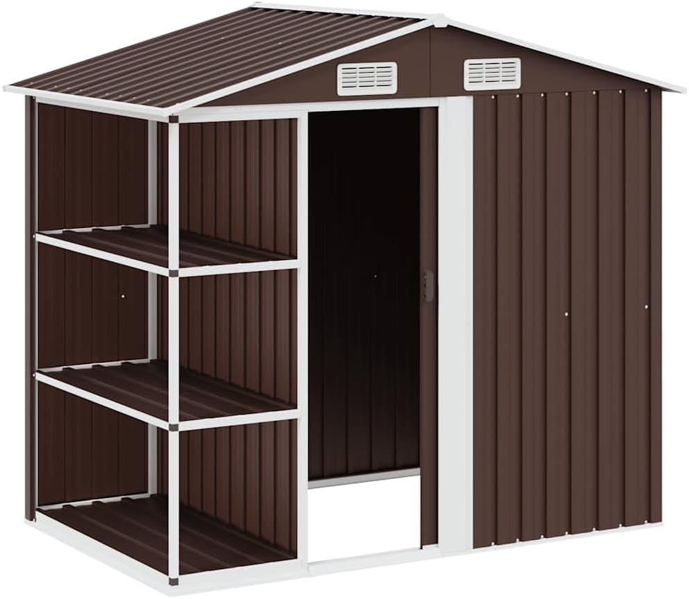 Gerätehaus vidaXL, 205x130x183 cm, 4 L, Braun/Weiß, Gartenhaus mit Regal üftungsschlitzen Schiebetür
