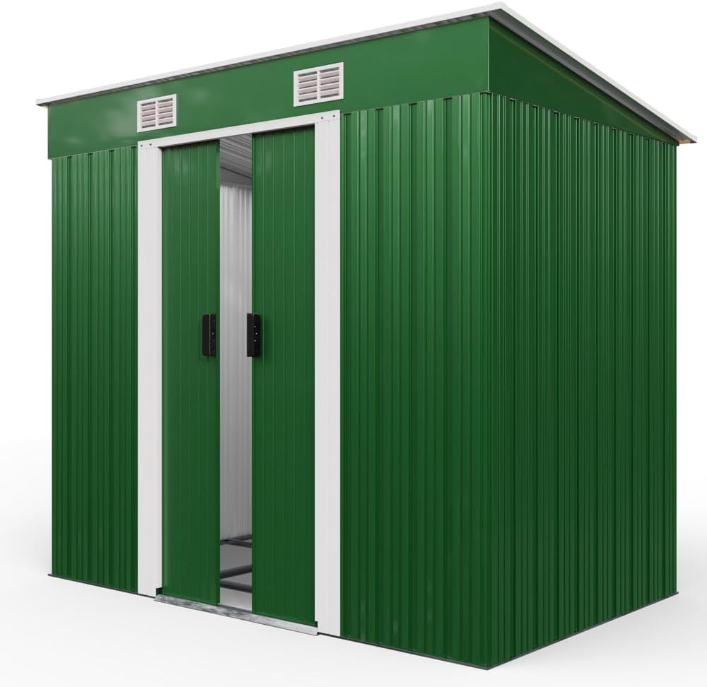 Gerätehaus Gardebruk, 200x125x180 cm, 2m, 4m, Grün/Weiß, ® L Metall ² mit Fundament Schiebetür Grün Geräteschuppen