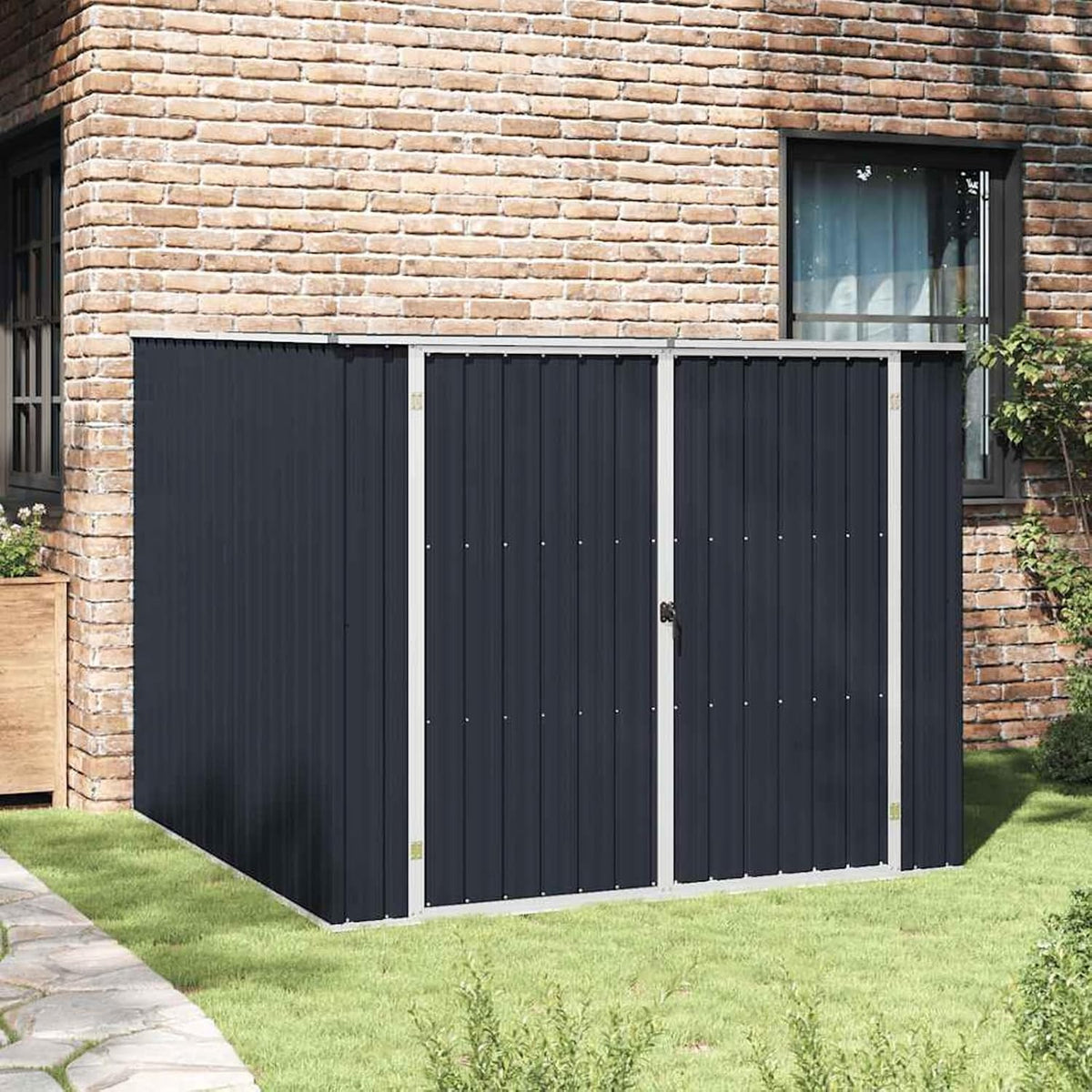 Gerätehaus Gecheer, 195x198x159 cm, Verzinkter Stahl, Anthrazit, Gartenschuppen Wand Geräteschuppen Gartenhaus Lagerschuppen