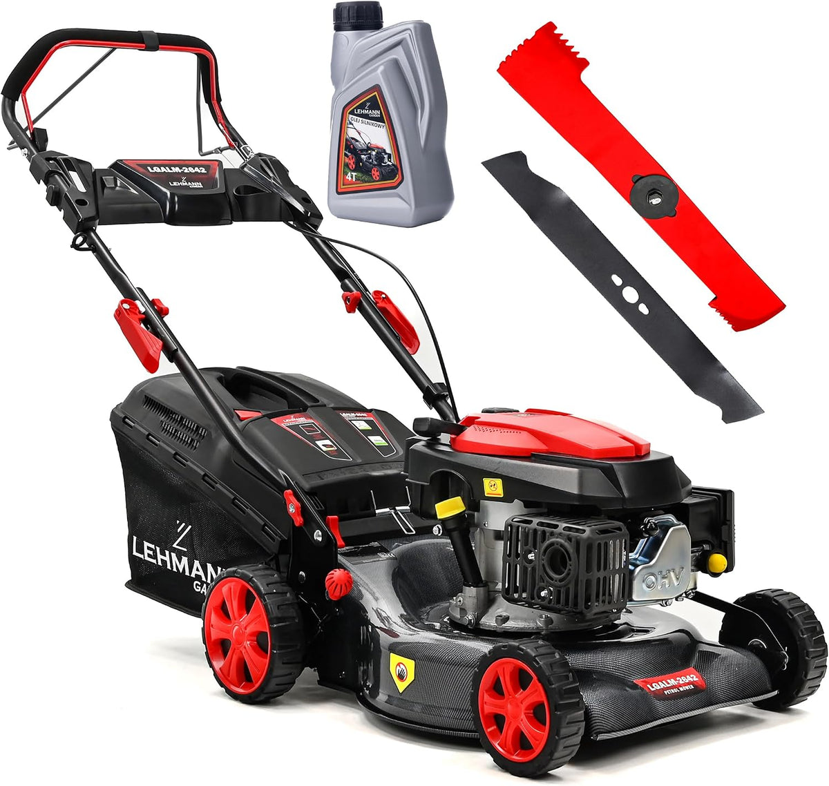 LEHMANN Rasenmäher, 2,6 kW, 42 cm, 70 mm, 40 L, Schwarz/Rot, Benzin, 4-Takt Motor mit Hinterradantrieb, 146 cm3