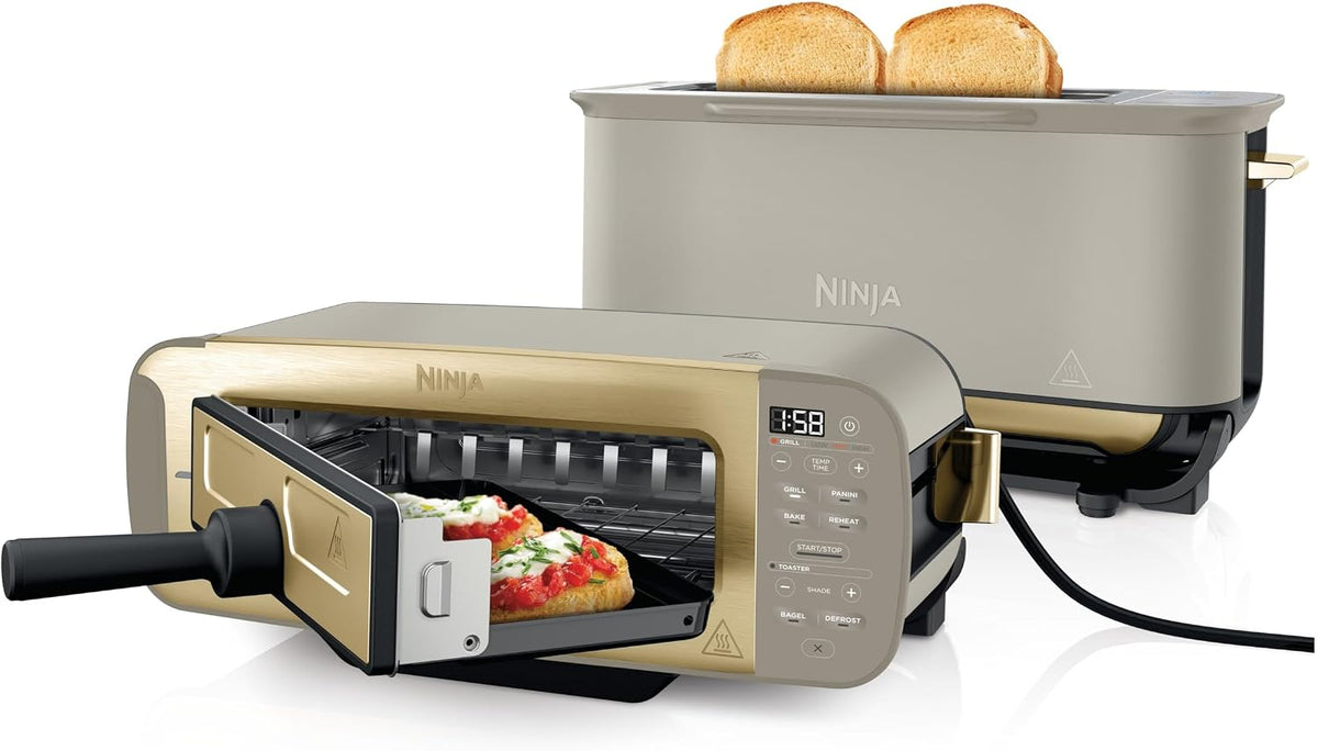 Ninja Elektrogrill, Gold/Beige, Foodi 3-in-1 Toaster, mit Deckel, Panini-Presse mit Flip-Design, 7 Kochfunktionen