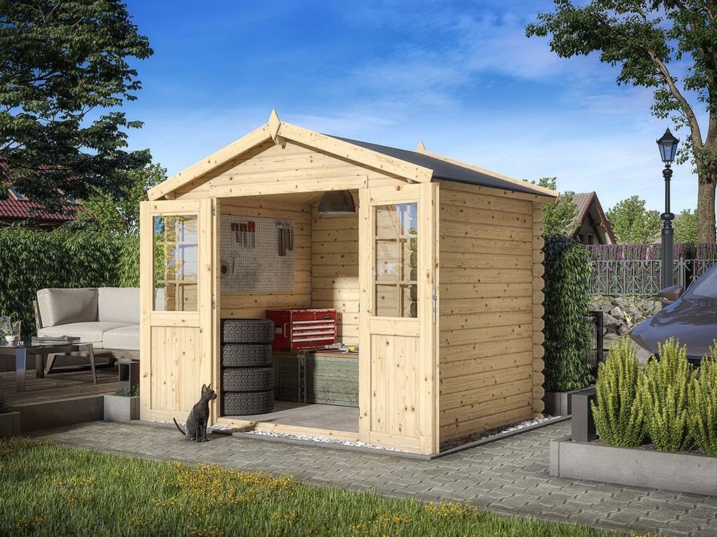 woodtex Gerätehaus, 260 x 198 x 225 cm, 28 mm, Naturholz, Gartenhaus, Holz Blockbohlenhaus CA2870, Wandstärke