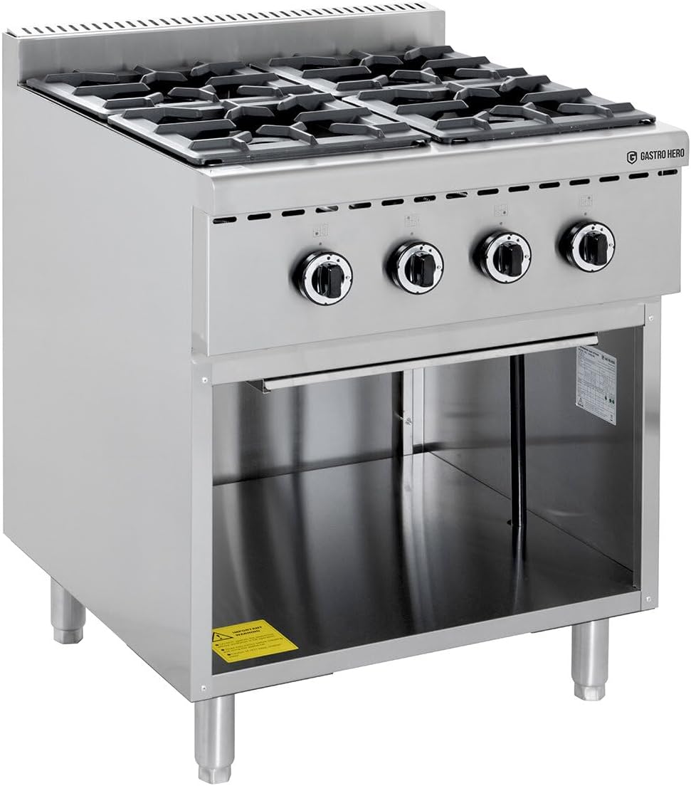 GastroHero Gasherd, Silber, 4 Brenner, offener Unterbau, Edelstahl GHBO4B