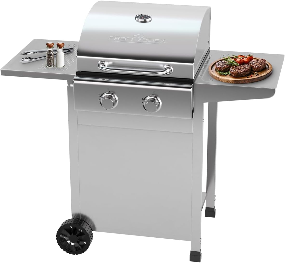 Profi Cook Gasgrill, Silber, ® für Temperaturen bis zu 350°C, Grillroste aus echtem Gusseisen, für Balkon, inkl. Gasdruckminderer und Schlauch