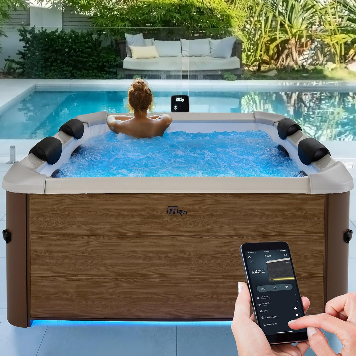 Miweba Badewannen mit Sprudelfunktion, 160x160 cm, Braun/Beige, MSpa Whirlpool Outdoor, Frame Oslo Amber mit Fester Außenwand - Pool mit App