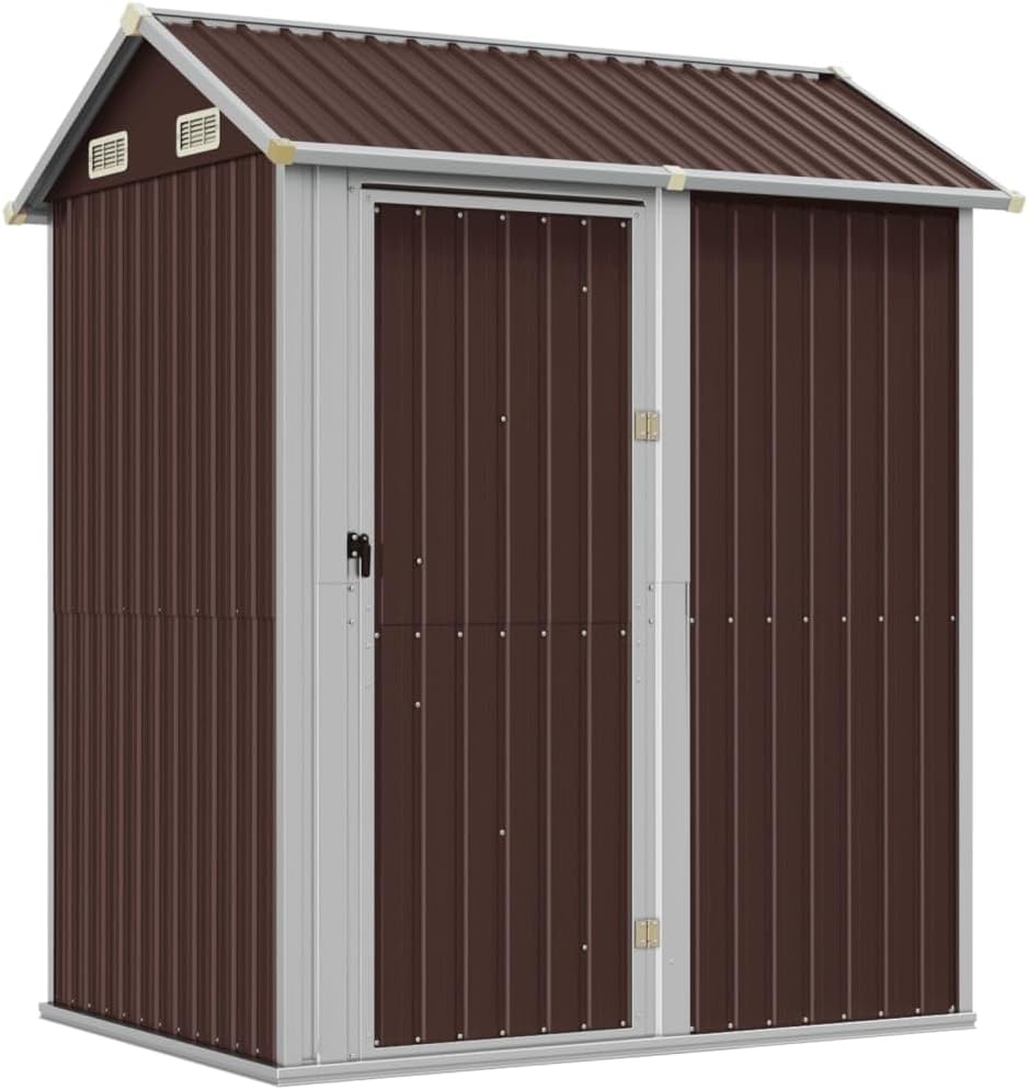 Gerätehaus KOIECETA, 192x152,5x237 cm, Verzinkter Stahl, Braun/Grau, Gartenhaus mit Schrägdach Tür Gartenschuppen Schuppen