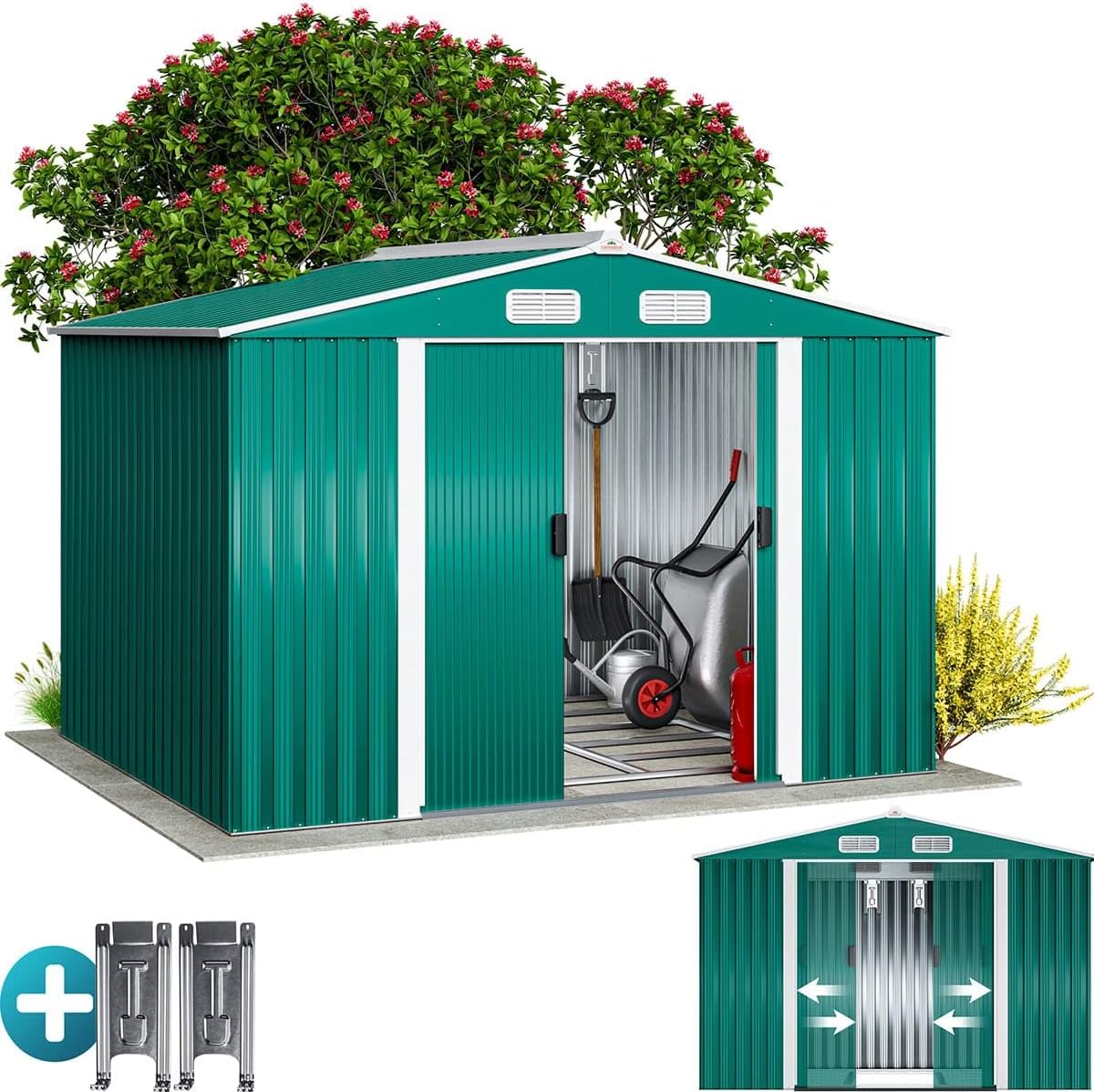 Gerätehaus Gardebruk, 260x205x180 cm, 5m, 9m, Grün/Silber, ® XXL Metall ² mit Fundament Schiebetür Grün Geräteschuppen