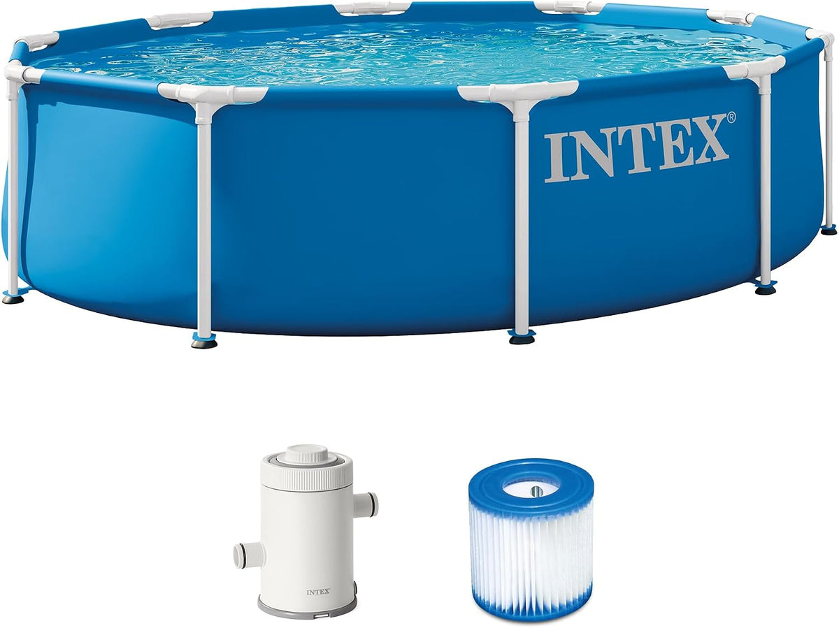 Intex Stahlrahmenpool, 76 cm, 3 m, Blau/Weiß, 28201EP x Metallrahmen oberirdisches Schwimmbad-Set, inklusive 330 GPH Kartuschenfilterpumpe