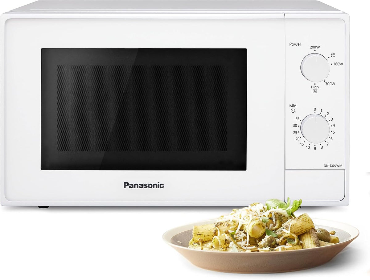 Panasonic Mikrowelle, 800 W, 20 L, Weiß, NN-E20JWMEBG nofen mit Glasteller, Auftaufunktion, 5 Leistungsstufen, Timer