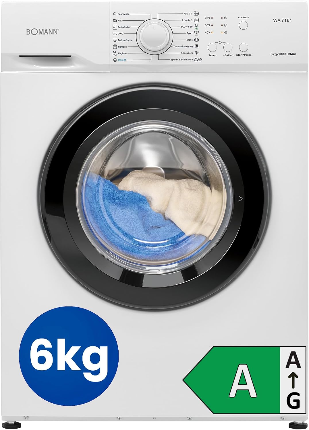 Bomann Waschmaschine, 6 kg, Weiß/Schwarz, max. 1000 U/Min., 5 Jahre Motor-Garantie, bürstenloser DC-Motor: effizient