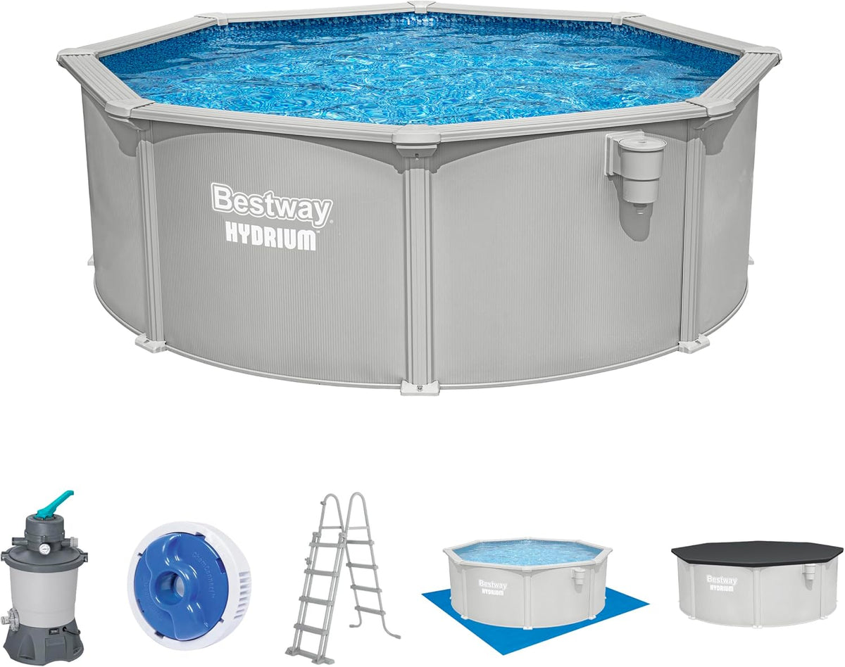 Bestway Stahlrahmenpool, 366x122 cm, Grau/Blau, Hydrium Stahlwandpool Komplett-Set Ø, rund & Granitgrau