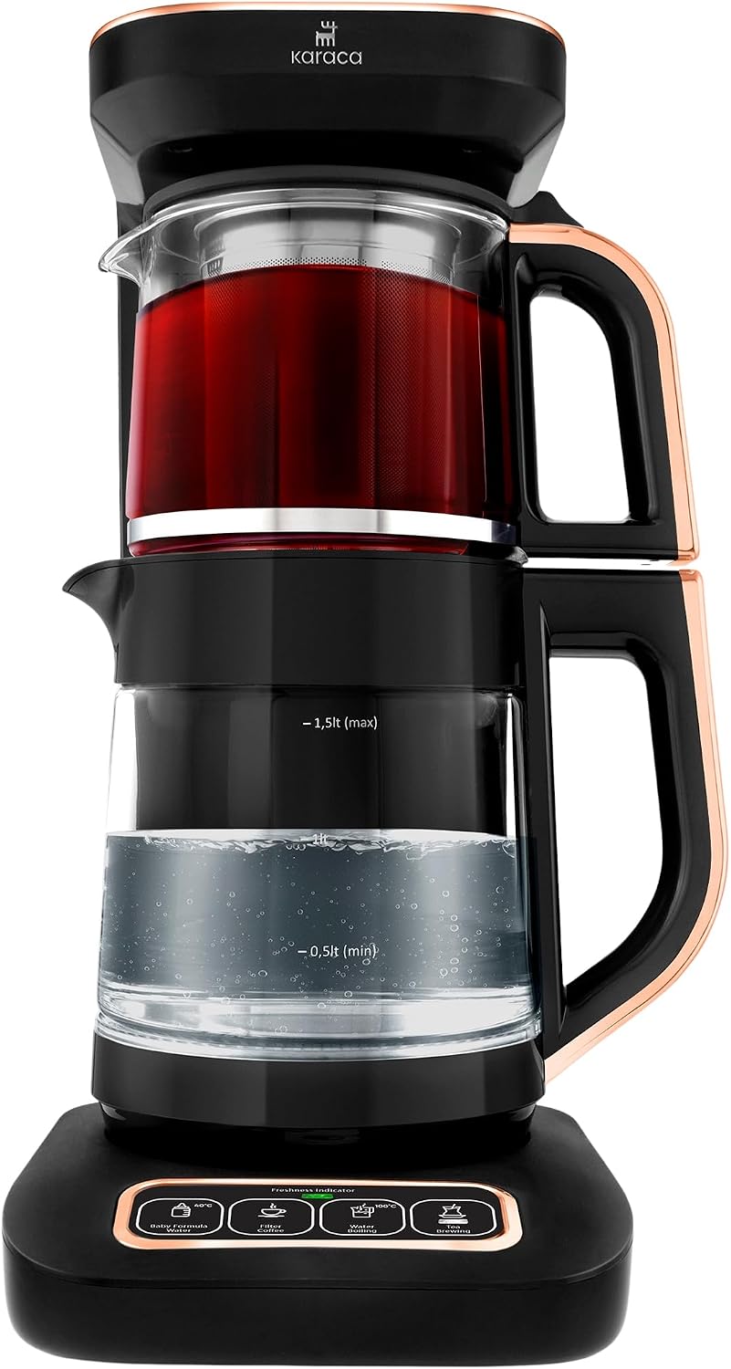 KARACA Teemaschinen, 2500 W, 2,3 L, Schwarz/Kupfer, Çaysever Robotea Pro 4 in 1 Sprechender Automatischer Glas, Kapazität