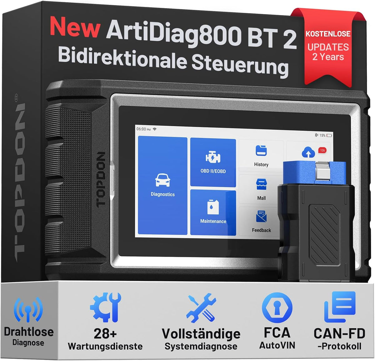 TOPDON OBD-II Diagnosewerkzeuge, Schwarz/Silber/Blau, ArtiDiag800 BT 2 OBD2 Diagnosegerät, All-System-Diagnose-Tool mit 28+ Wartungsfunktionen