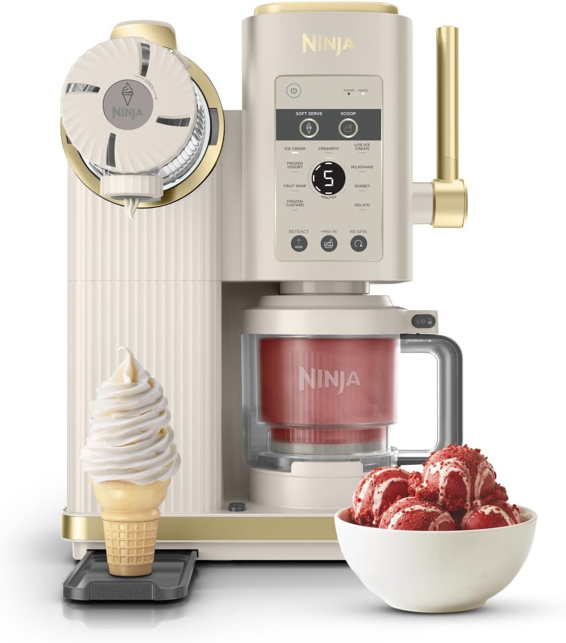 Ninja Eismaschine, Beige/Gold, CREAMi Scoop und Swirl mit 2x Dosen, 13 Funktionen, macht Eis, Softserve, Gelato