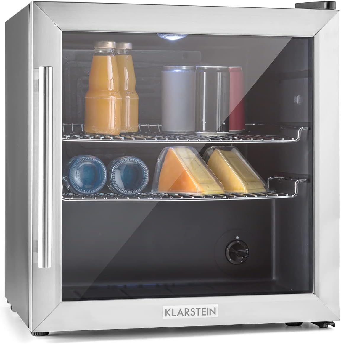 Klarstein Mini-Kühlschrank, 47 L, Silber/Schwarz, Getränkekühlschrank, Kühlschrank Klein mit 2 Ablagen, Mini Fridge 3-10°C