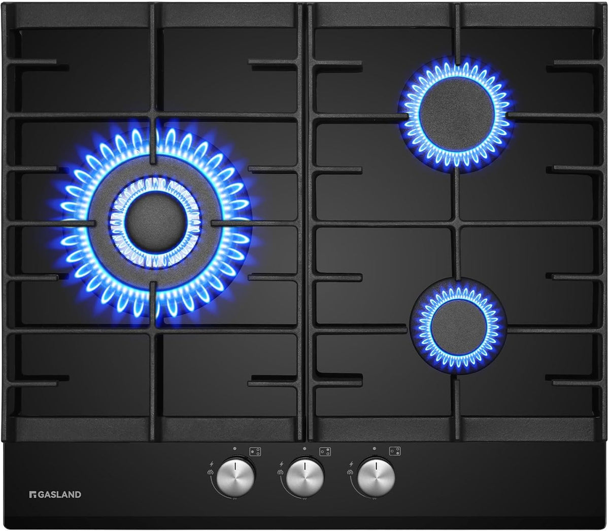 GASLAND Kochfeld, 60 cm, Schwarz, GH603BF Glas Gas mit Wok Brenner 3 Flammig, Gas Einbau Gas, Glasherd, Butan Gas 6200 Watt
