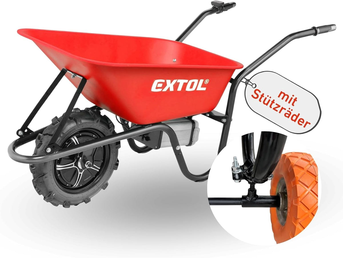 Extol Premium Schubkarren, 150 kg, 500 W, 80 L, 40 V, Rot/Schwarz/Orange, elektrische Schubkarre mit Akku & Zusatzrädern I I Mulde &