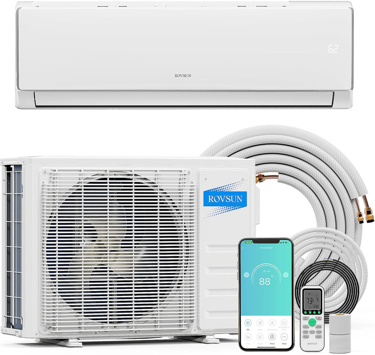 ROVSUN Split-Klimaanlage, 115 V, Weiß, 11000BTU 17SEER2 und Heizung mit WLAN, 17 SEER2, Leitungsloser Wandwechselrichter