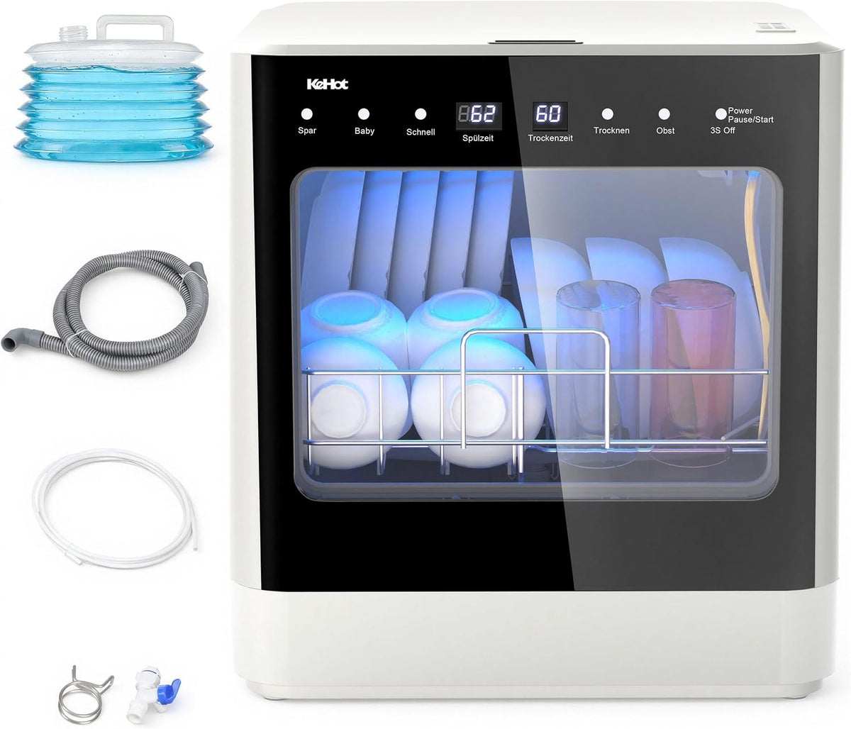 Tischgeschirrspüler, Weiß, Tragbarer Geschirrspüler mit Wasseranschluss, 4 Programme, Spült bis zu 6-8 Teller, LED Touch