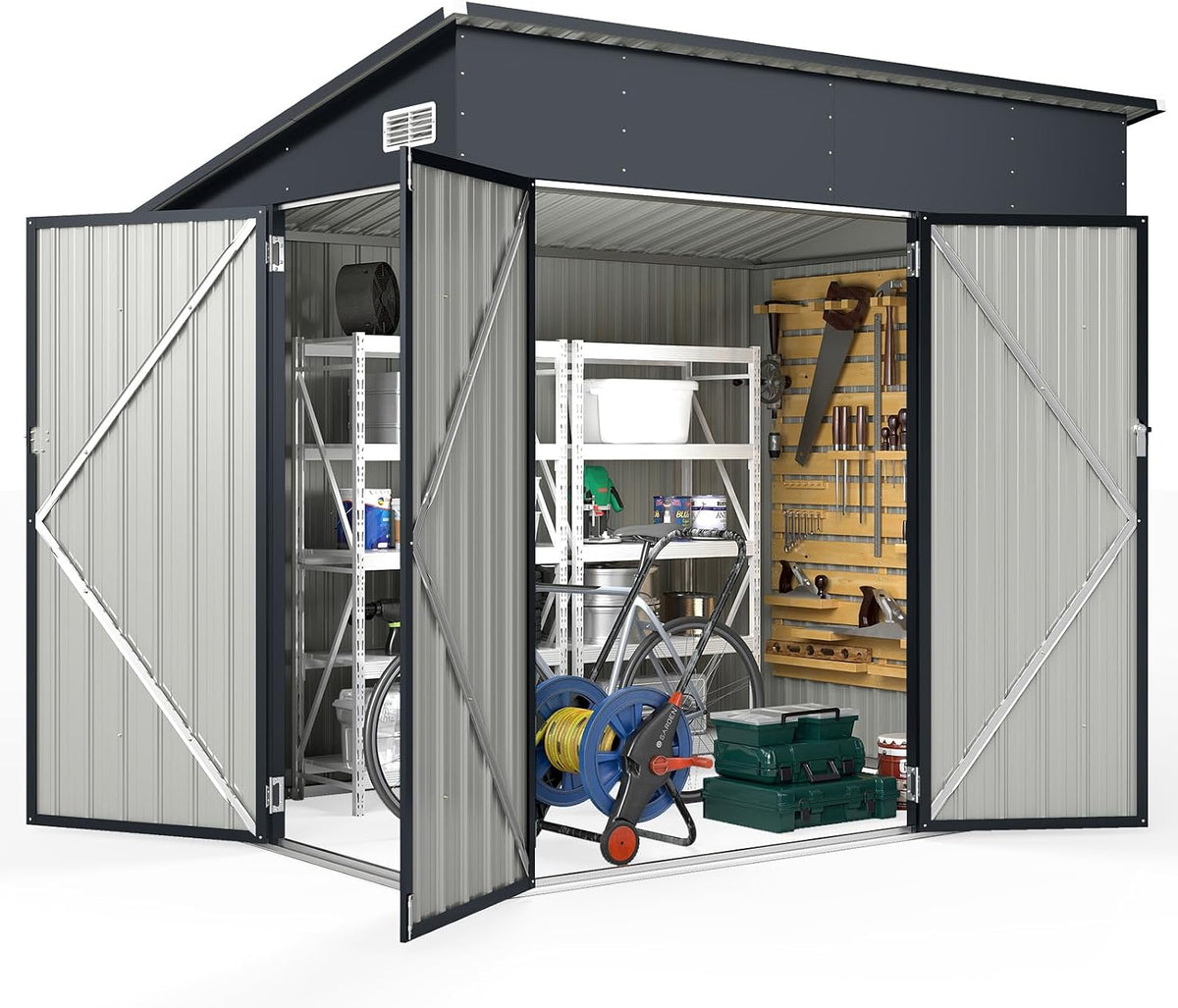 GOPLUS Gerätehaus, 225 x 161 x 197 cm, 7,13 m, Verzinkter Stahl, pulverbeschichteter Stahl, Grau/Schwarz