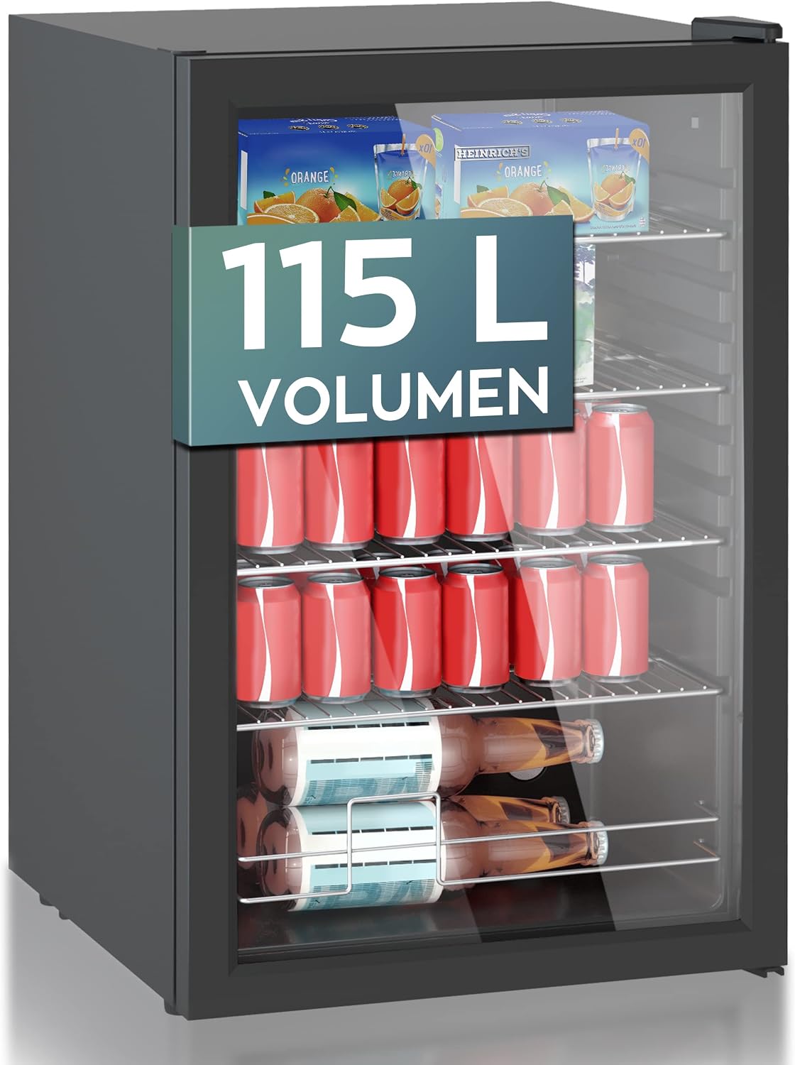 Heinrich´s Mini-Kühlschrank, 115Liter, 41db, Weiß, Getränkekühlschrank, 5 bis18°C, /4 Ablagen/ Mini Kühlschrank mit Glastür kompakt und leise