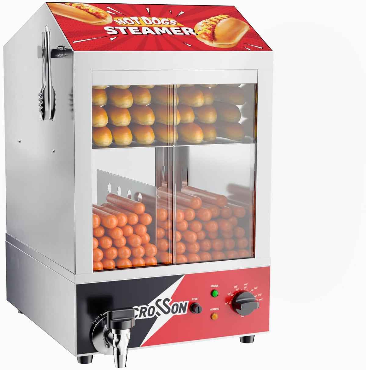 CROSSON Hot Dog Dampfgarer, 42 L, Transparent, 2-stöckiger Hot Dog Hut Dampfgarer, 175 Hot Dogs und 50 Brötchen Brötchen Fassungsvermögen