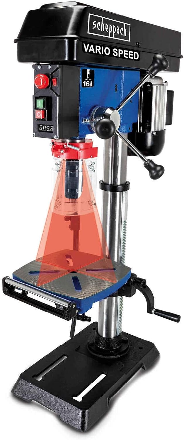 Scheppach Tischbohrmaschinen, 80 mm, 550 W, 16 mm, Schwarz/Blau/Rot, Standbohrmaschine DP18Vario Säulenbohrmaschine