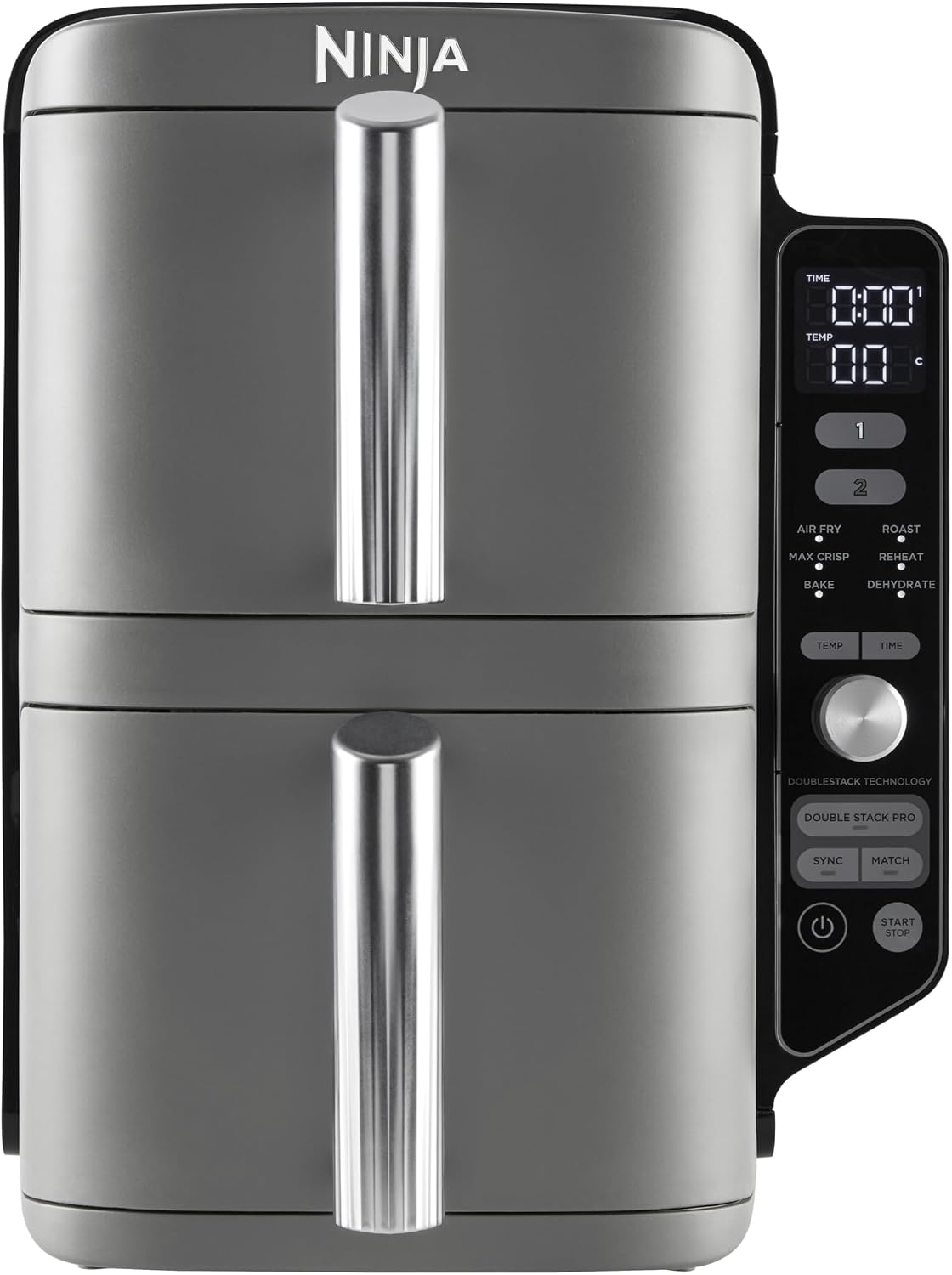 Ninja Heissluftfritteuse, 9,5 L, Grau/Silber, Double Stack XL Air Fryer Heißluftfritteuse, Airfryer, Doppelkorb-Heißluftfritteuse mit 4 Kochstufen