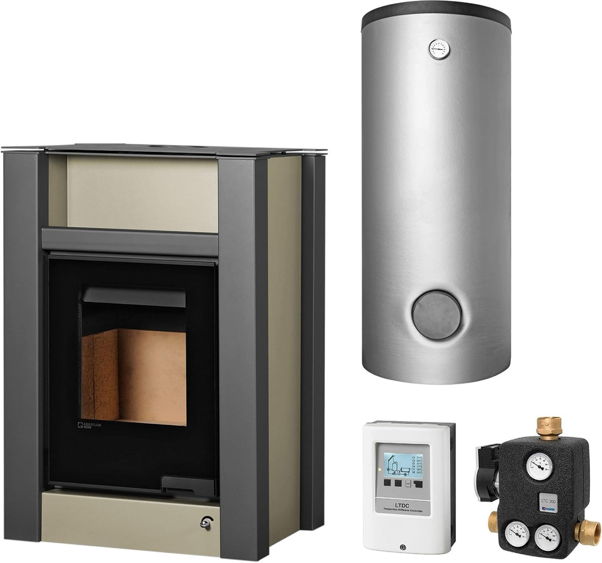 Aquaflam Kaminofen, 11 kW, Grau/Beige/Schwarz, KS2810 Vario Lend Basic Wasserführender Olive Komplett-Set