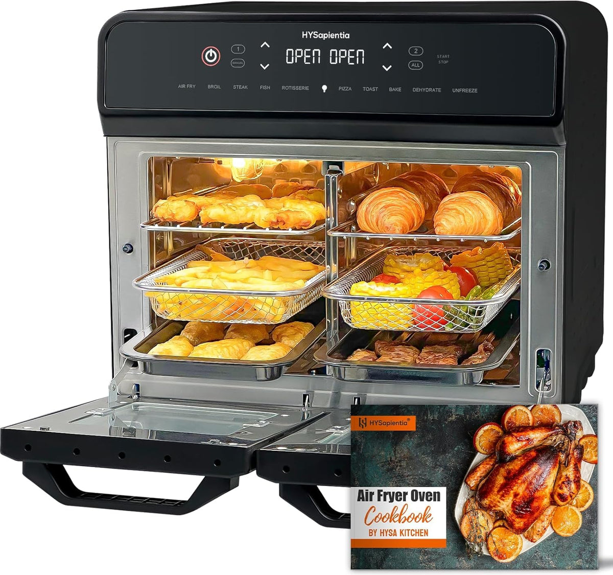 HYSapientia Backofen, 22 L, Schwarz/Silber, heißluftfritteuse 2 kammern XXL Mini mit Umluft, LED-Touchscreen, 10 Programmen
