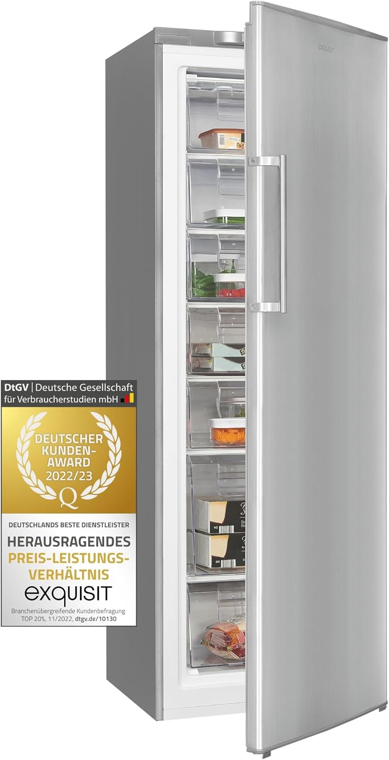 Exquisit Gefrierschrank, 242 Liter, Silber, GS280-HE-040D inoxlook, Tiefkühlschrank Gross, 4* Schnellgefrieren