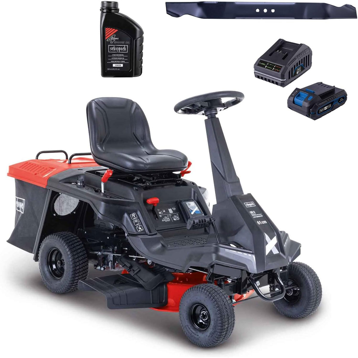 Scheppach Rasenmäher, 61 cm, 75 mm, 150 L, Schwarz/Rot, Benzin Aufsitzmäher MR230-61, E-Start, Schnittbreite, 35- Schnitthöhe
