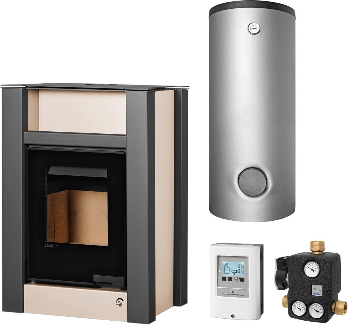 Aquaflam Kaminofen, 11 kW, Creme/Schwarz/Silber, KS2802 Vario Lend Basic Wasserführender Creme Komplett-Set