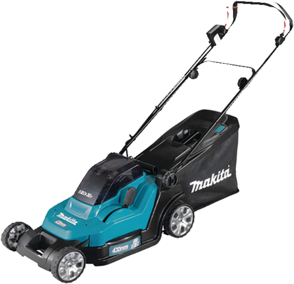 DLM432PT2 Akku-Rasenmäher 2x18 V / 5,0 Ah, 2 Akkus + Doppelladegerät, 43 cm, Schwarz/Blau