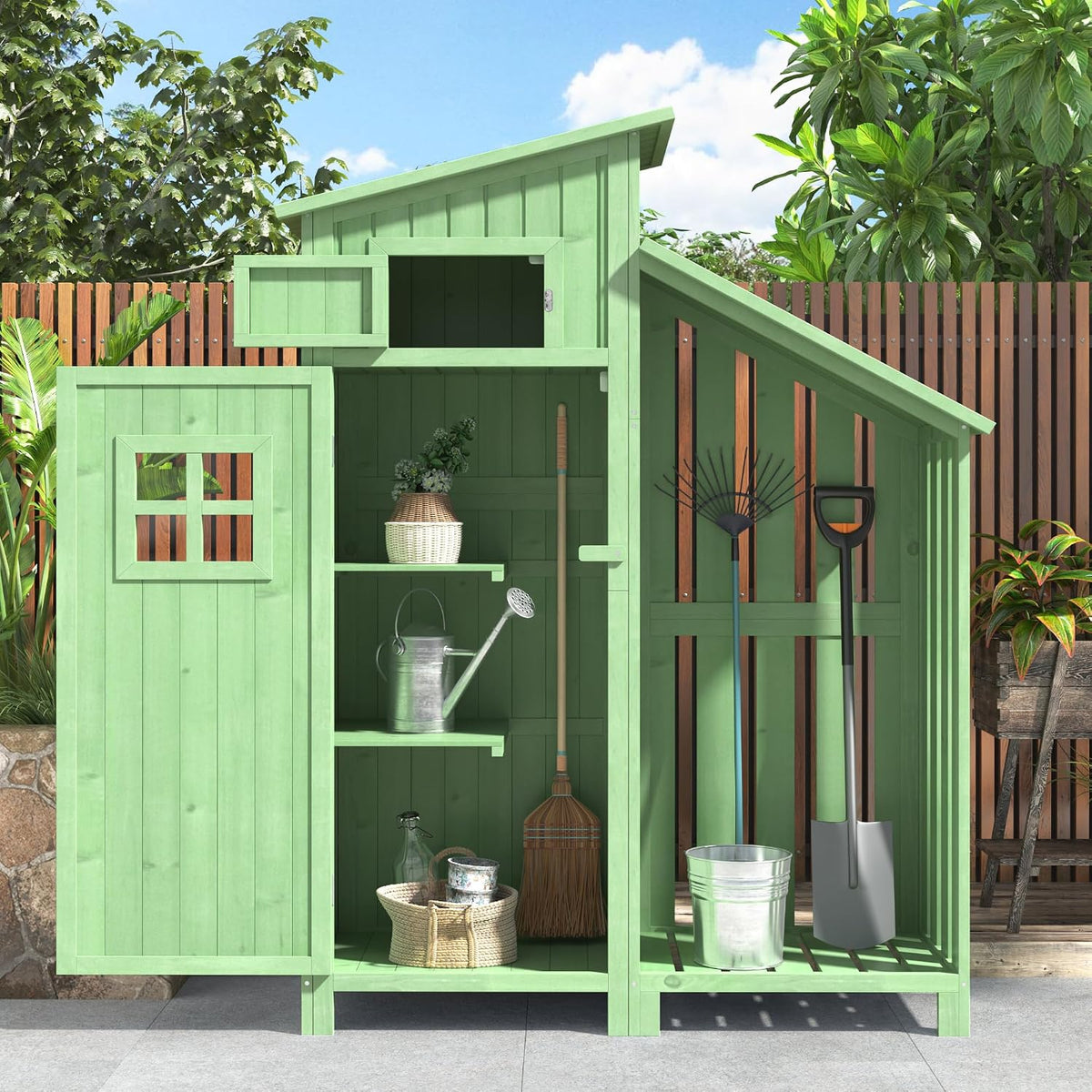 Gerätehaus RiteSune, 124x46x174 cm, Grün, Kompaktes in, Holz-Gartenhaus mit PVC-Dach, 2 Regalböden, Für Garten