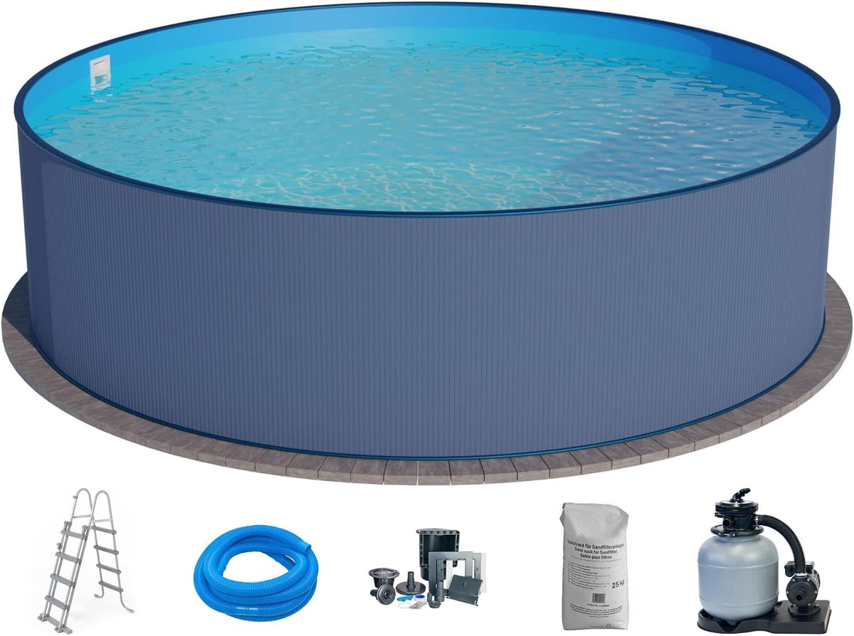 Planet Pool Stahlrahmenpool, 450 x 120 cm, 0,4 mm, Blau/Anthrazit, Stahlwand Set (7-teilig) hoch rund, Stahl anthrazit Folie blau