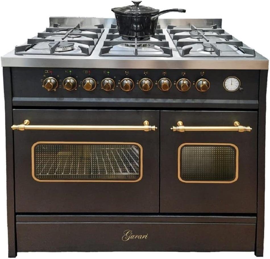 Gurari Gasherd, 90 cm, 4 kw, 89 L, Schwarz/Gold, Gas Standherd GCH E 916 Bl Retro mit Elektro Backofen, Range Coocker