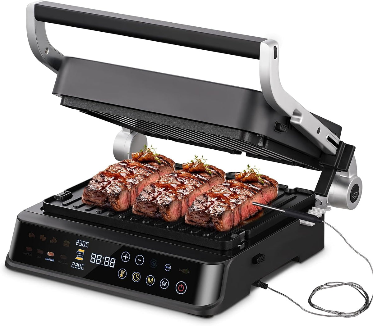 AMZCHEF Elektrogrill, 2000 W, Schwarz/Silber, XL Kontaktgrill 4-in-1 mit Temperatursensor & GrillBoost, mit 4 wechselbaren Anti-Haft-Platten für Steak