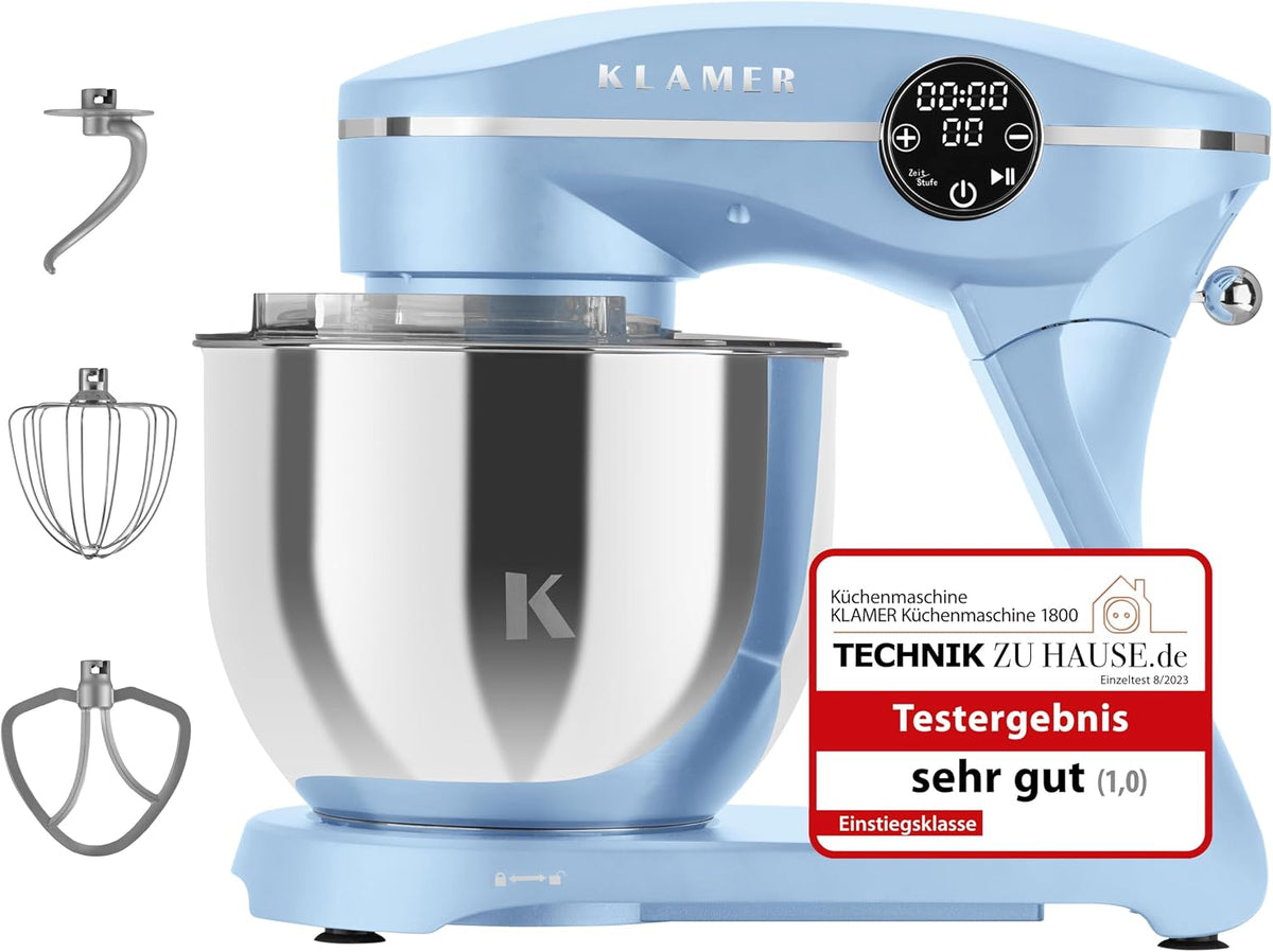 KLAMER Universalküchenmaschinen, 1800 W, 6 L, hellblau, Knetmaschine Brotteig mit Edelstahl-Rührschüssel, 10 Stufen mit Timer