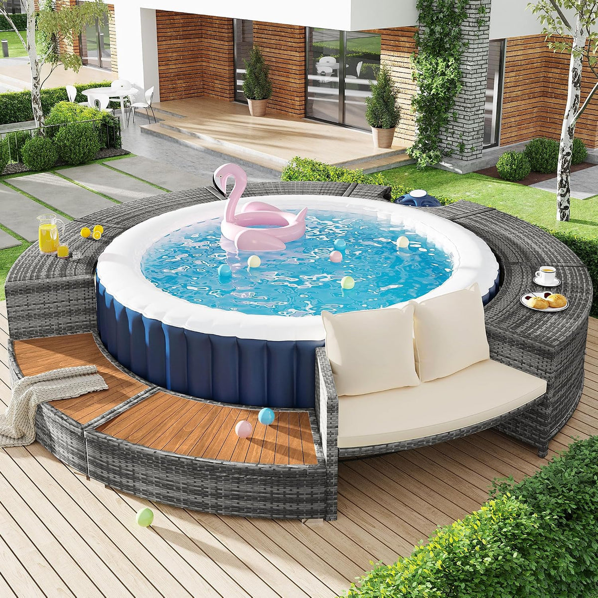 Gartenmöbel-Set Merax, Grau/Blau/Braun, Whirlpool Umrandung mit Stauraum und Sitz, Rund Spa Schwimmbecken Poolumrandung mit 2 hölzernen