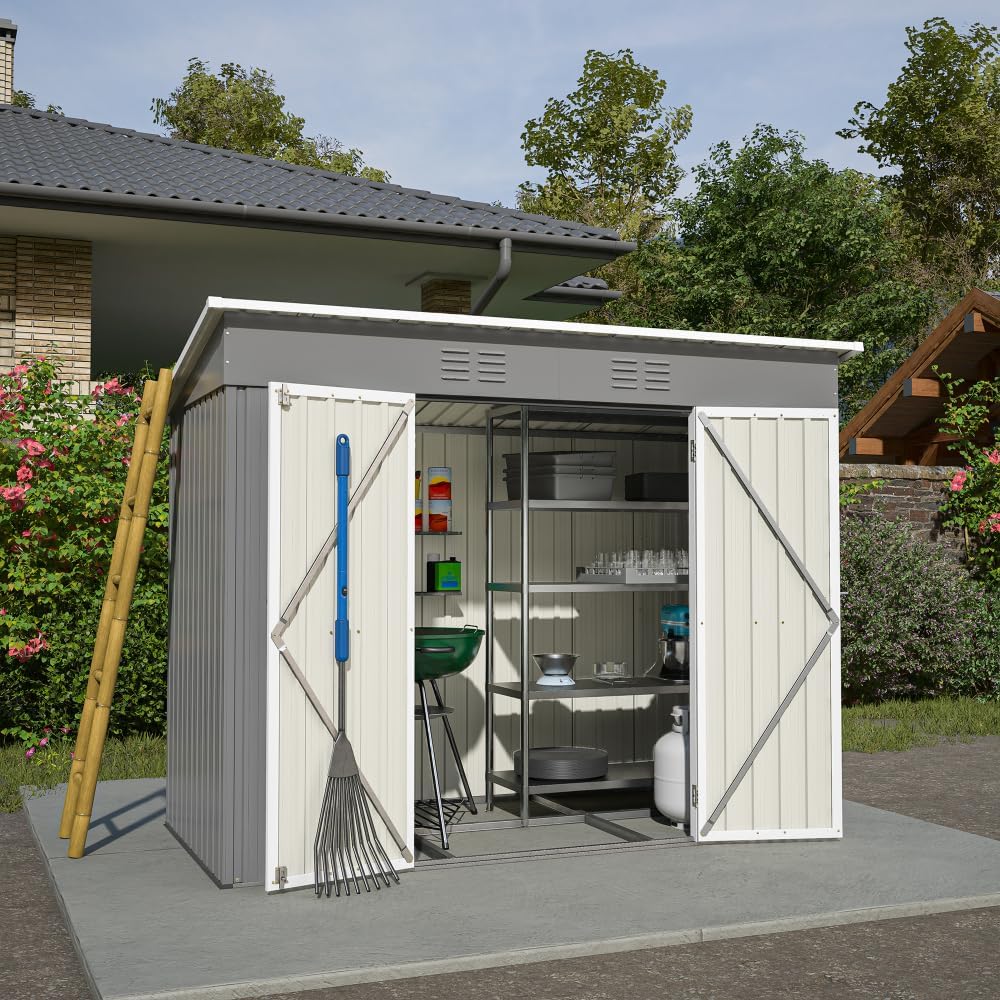 TOUSUNCO Gerätehaus, 242x126x182 cm, Galvanised sheet Stahl, Grau/Weiß, Metall Gartenhaus mit Metallfundament, Ohne Boden
