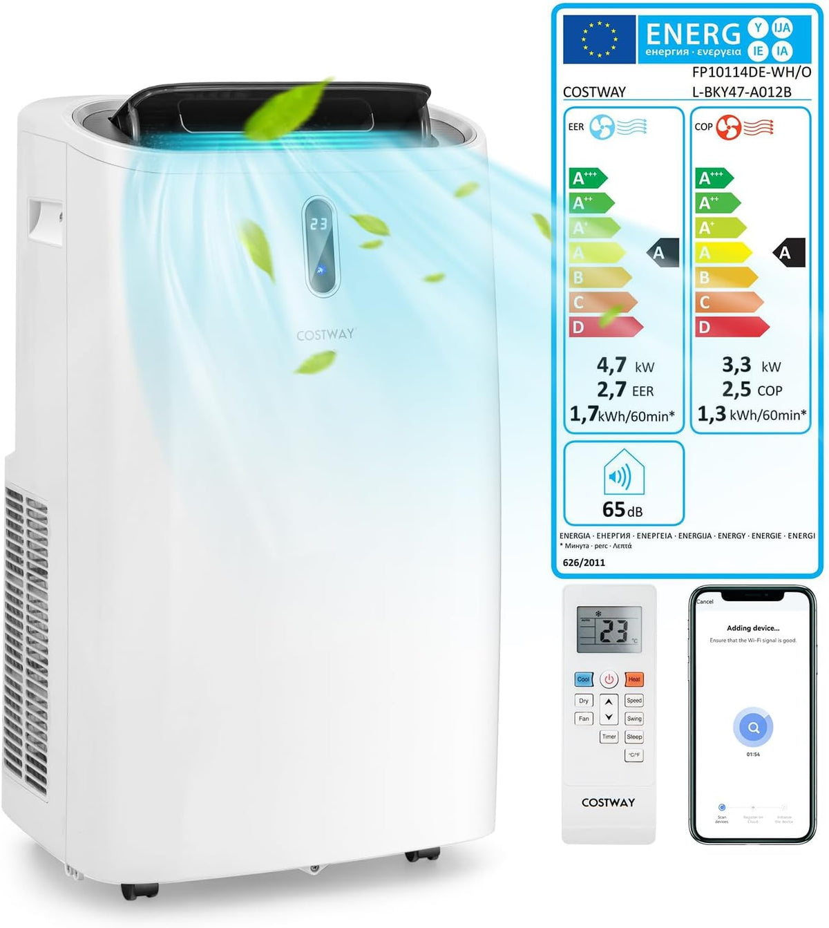 COSTWAY Klimaanlage, 150 m, 4700 W, 57 dB, Weiß, mobil 16000BTU, Klimagerät mit Abluftschlauch, 5 in 1 Kühlen & Heizen & Entfeuchten & Belüften &